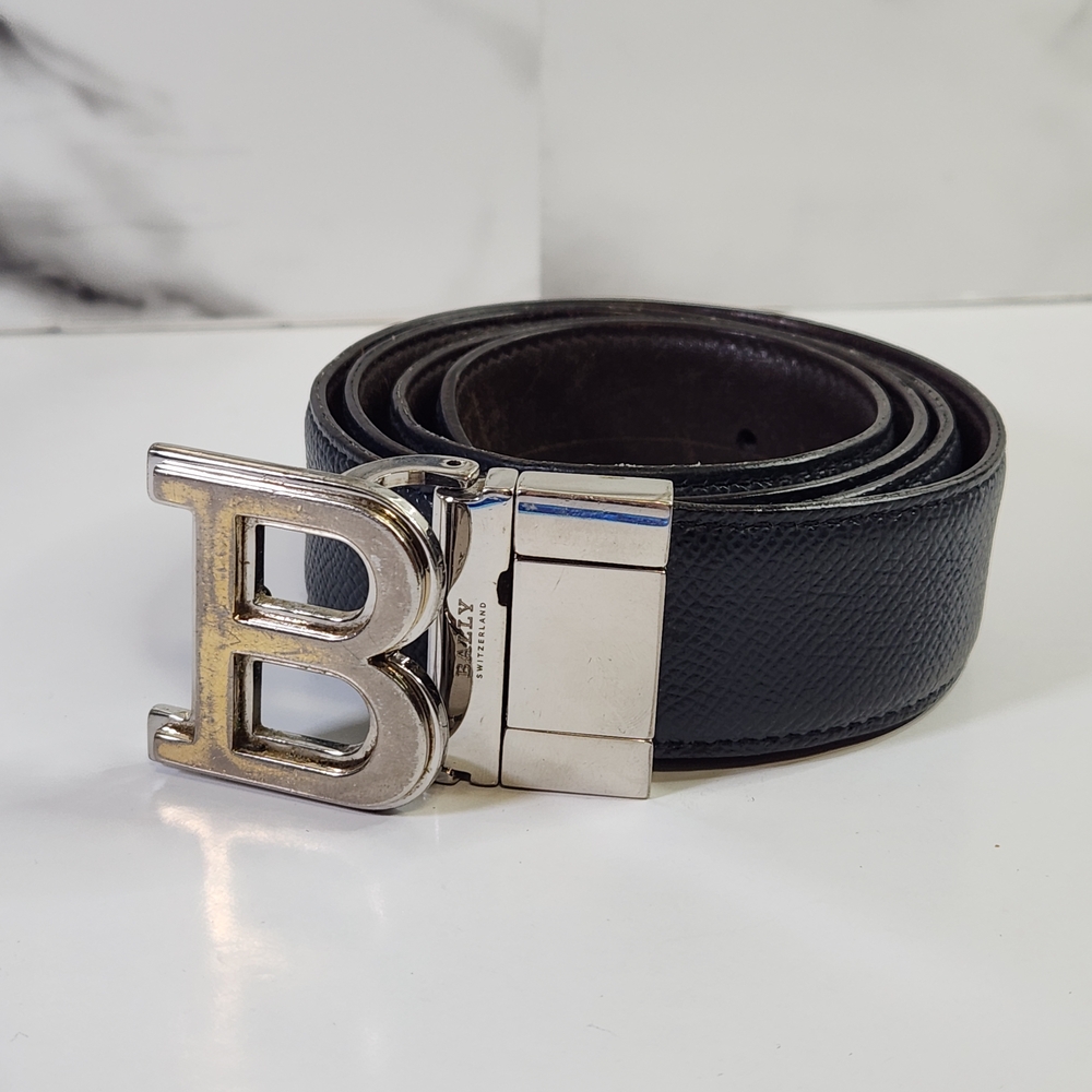 Bally Leather Belt with Bold Silver Buckle 32